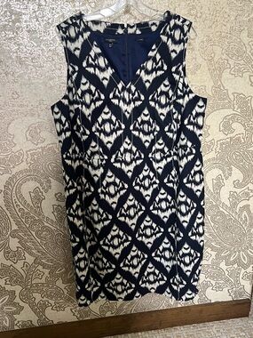 Talbots Navy and Beige Ikat Sheath Dress - Sleeveless V-Neck - Size 16W